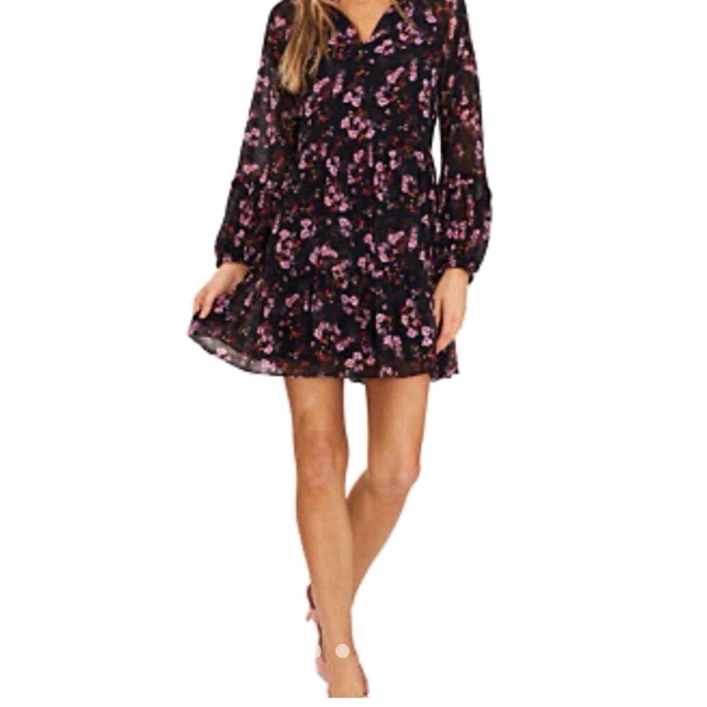 NWT CeCe Women’s Black/Pink Floral V-Neck Long Sleeve Ruffle A-Line Dress XS